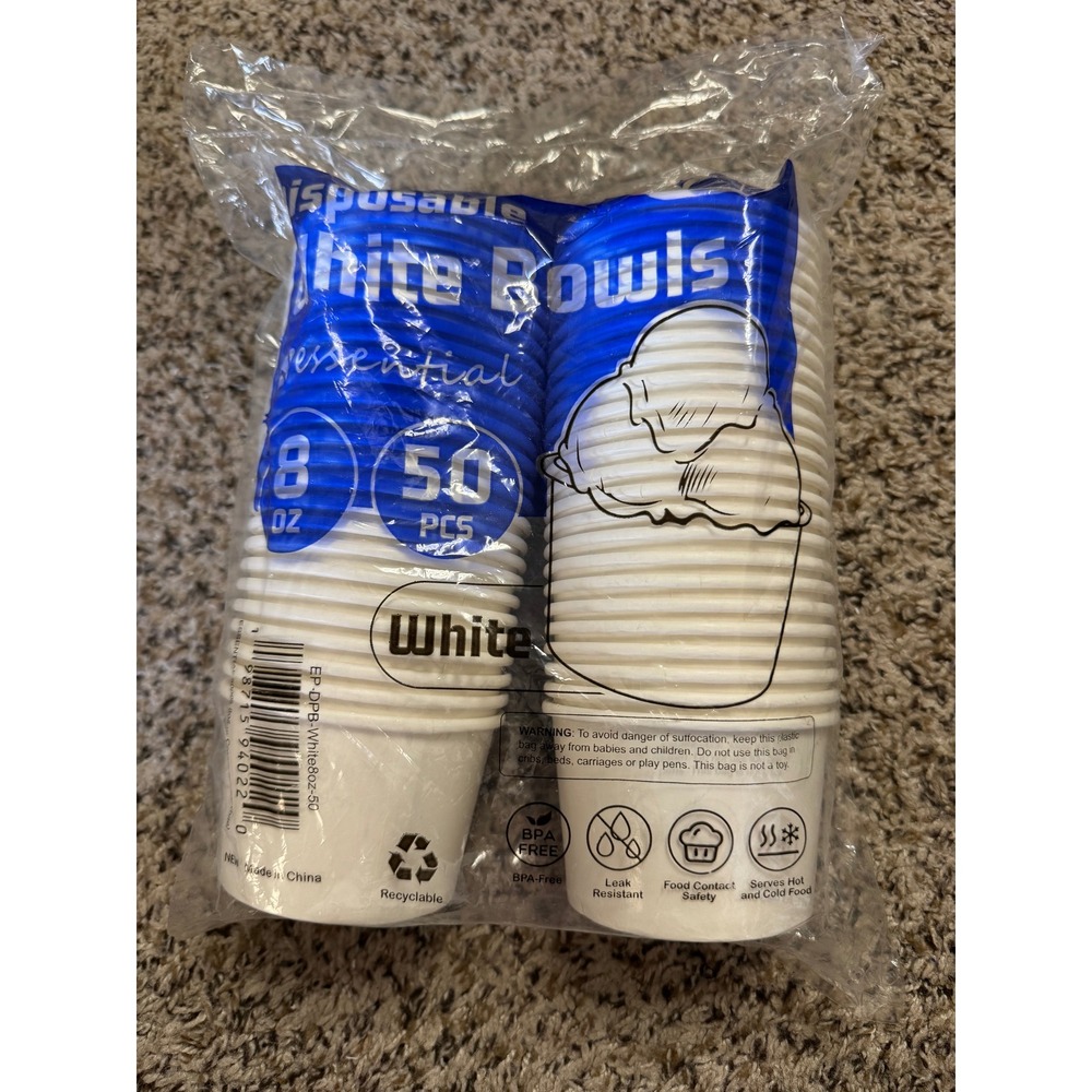Essential 8oz Disposable White Paper Bowls 50 Count Leak Resistant BPA Free